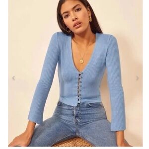 Reformation Blue Ribbed V-Neck Top